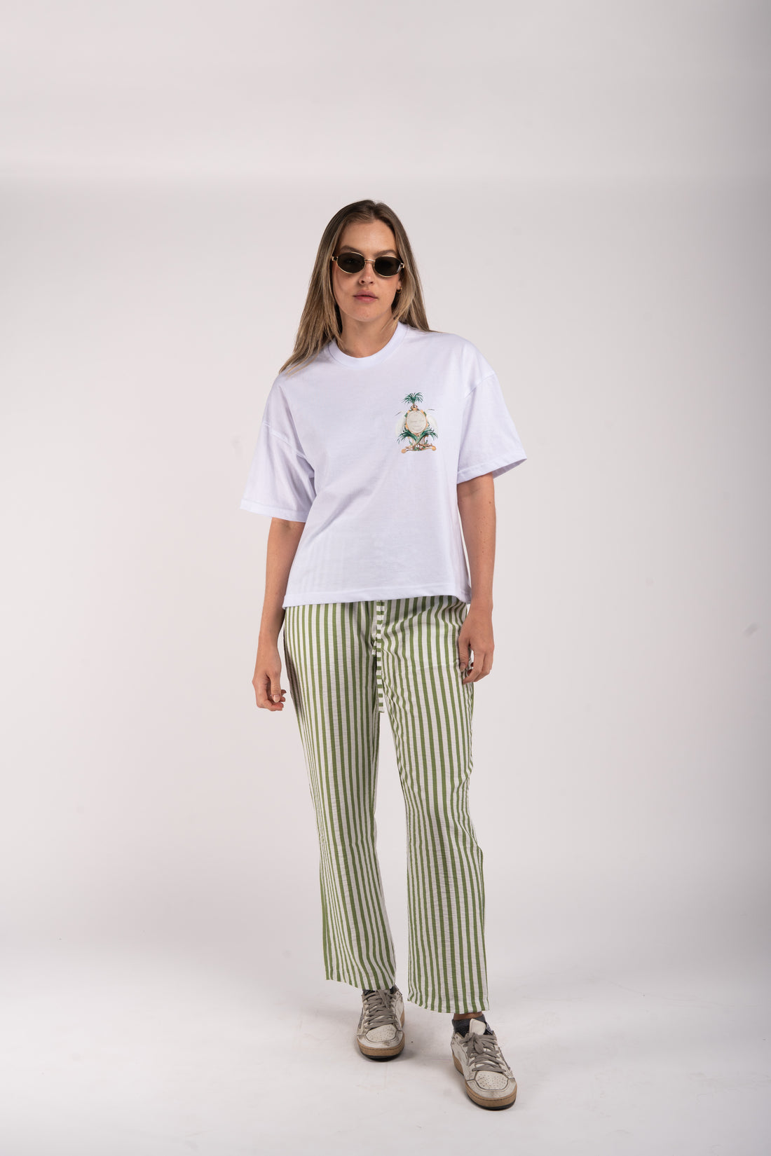 Striped Adjustable Waist Pants – Light Green &amp; White