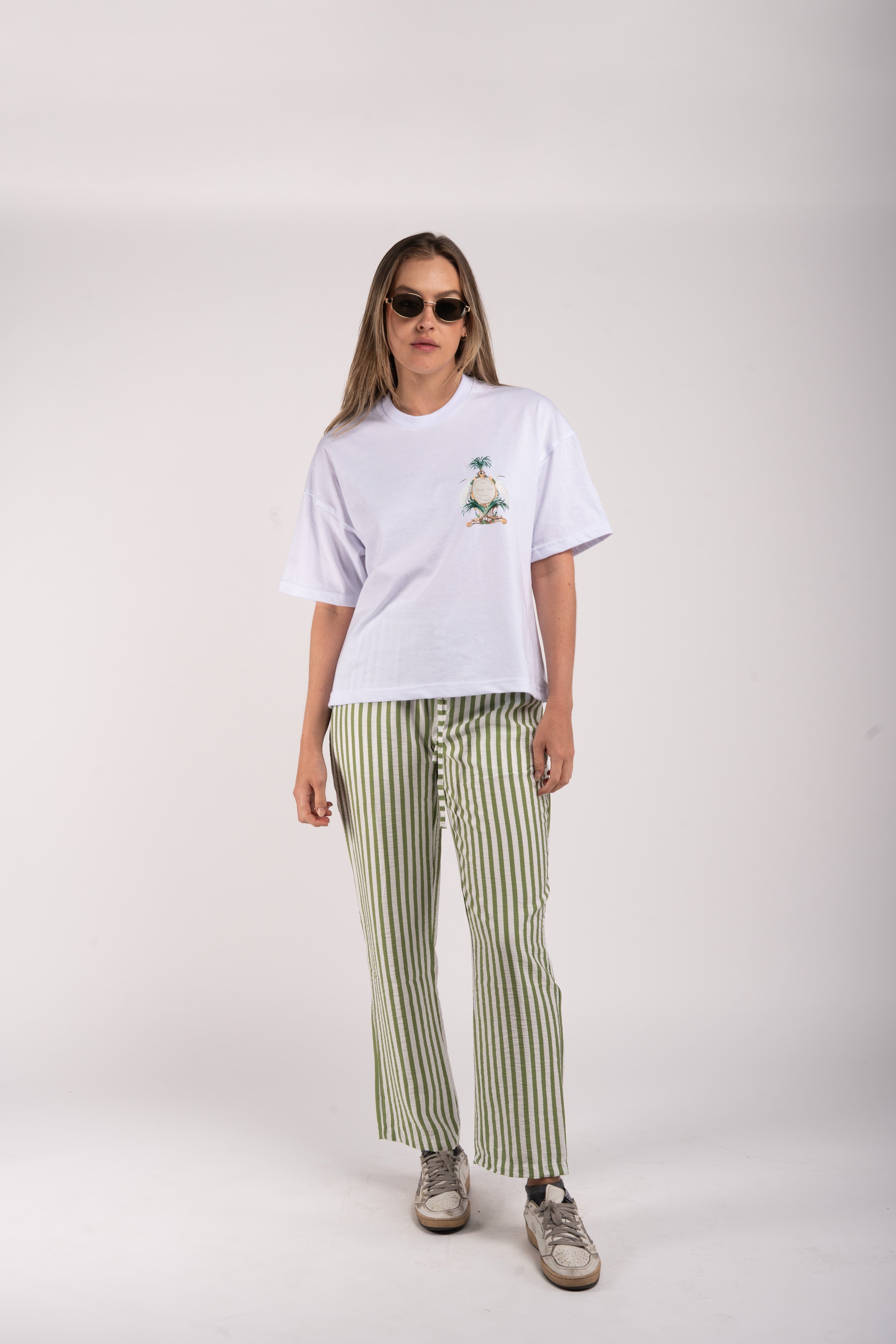 Striped Adjustable Waist Pants – Light Green &amp; White