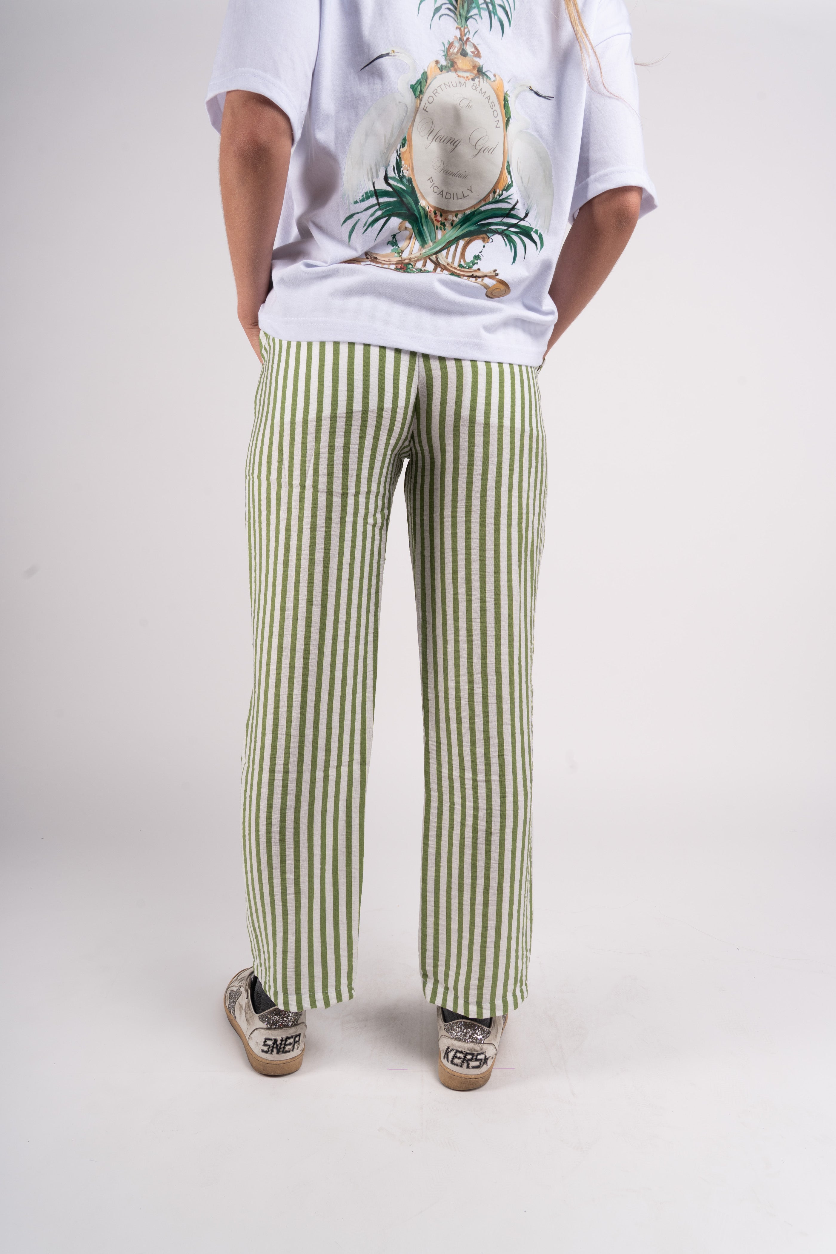 Striped Adjustable Waist Pants – Light Green &amp; White