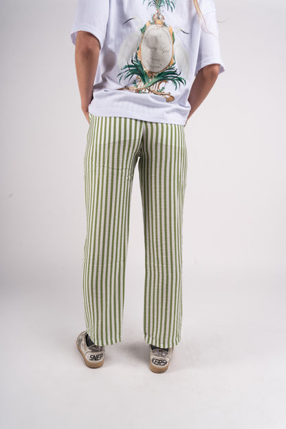 Striped Adjustable Waist Pants – Light Green &amp; White