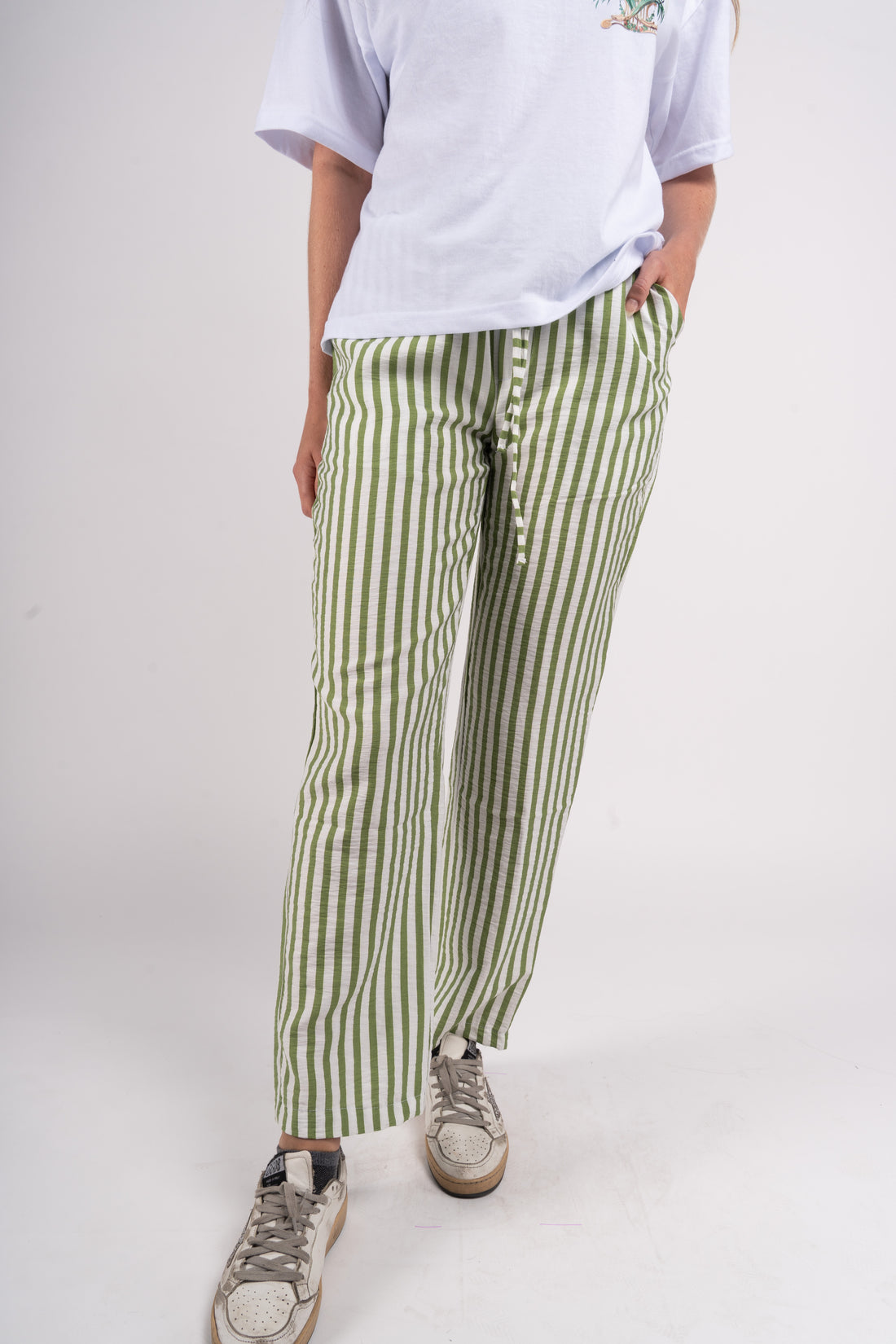 Striped Adjustable Waist Pants – Light Green &amp; White